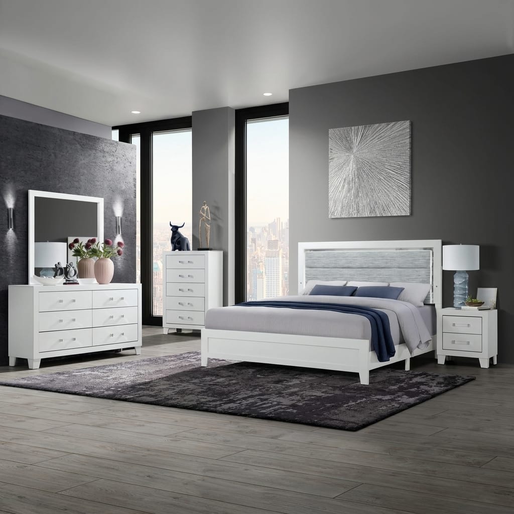 The Nova 10-Piece Bedroom Set | Glacier White | LED Headboard | Same-Day Delivery & Assembly | NYC & NJ