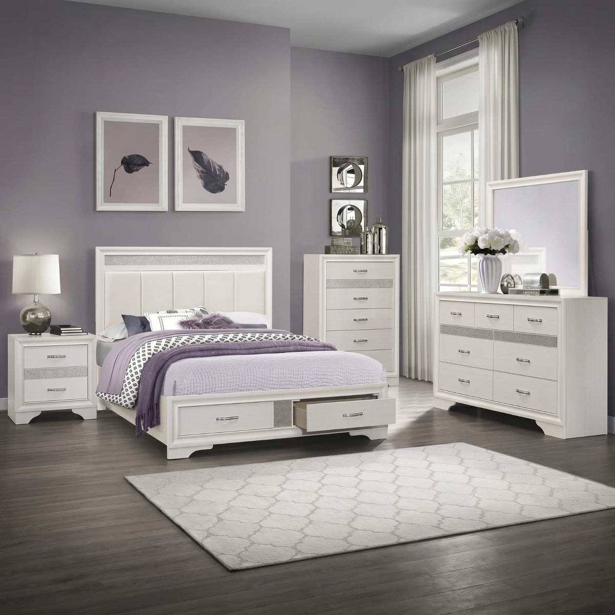 The Crystal 10-Piece Bedroom Set | Pearl White | Storage Bed + Glam Detail | Same-Day Delivery & Assembly | NYC & NJ